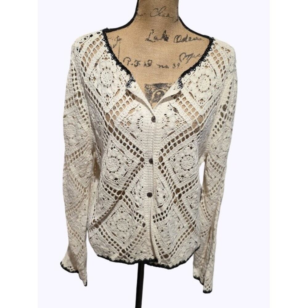 Ultra Pink Cream Cotton Crochet Cardigan Sweater Black Lace Trim NWT Size L